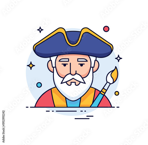 Cultural icon portrait design showing a stylized historical artist with a subtle paintbrush or creative symbol accent, representing artistic legacy and