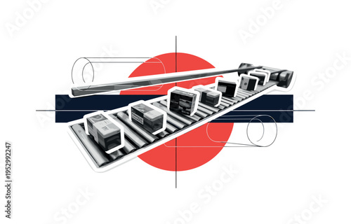 Monochrome close-up of products moving along a conveyor belt, high-contrast black and white with sticker-like white contour around the belt and