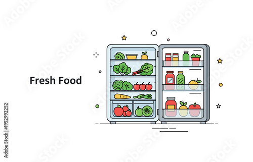 Healthy food storage illustration showing a compact refrigerator with visible fresh produce like greens and fruits inside representing nutrition and mindful