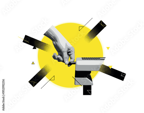cropped black and white hand adjusting step platform height, framed by yellow circular halo and black abstract bars, subtle halftone texture and geometric