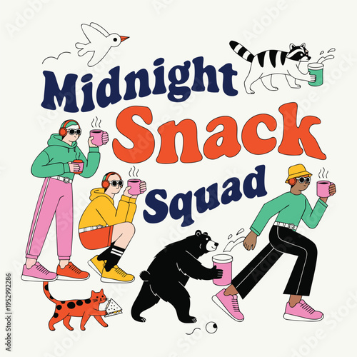 Midnight Snack Squad — Playful Streetwear Typography with Fun Character Illustration