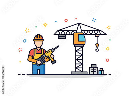 Industrial site productivity concept centered on a worker silhouette holding a power tool beside a simplified crane outline, expressing synergy between manual