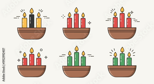 A collection of colorful candles in decorative bowls, illustrated in a minimalist style, perfect for festive themes