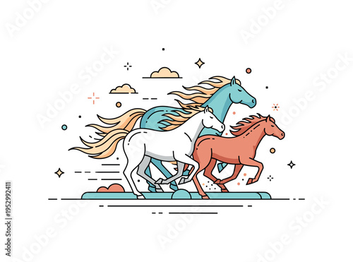 Wild horses running together with flowing mane shapes and a subtle horizon accent beneath them. The image conveys freedom, momentum, and untamed wilderness.