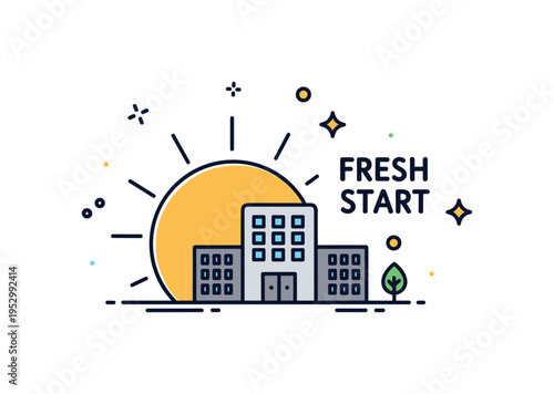 Fresh start career emblem combining a rising sun behind a simple office building silhouette. The composition reflects renewal, optimism, and the beginning of a