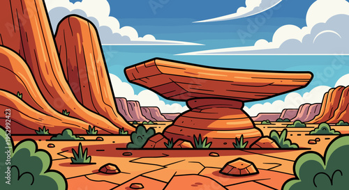 A vibrant desert landscape featuring unique rock formations and vegetation in a colorful, cartoonish style