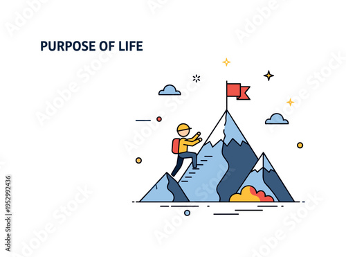 Purpose of life resilience and perseverance idea illustrated by a small figure climbing a minimal mountain peak with a flag at the top, symbolizing effort,