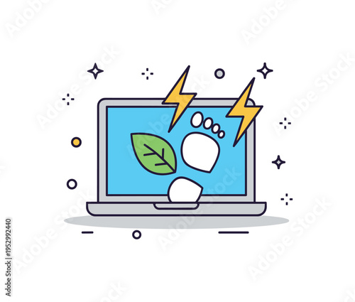 Sustainable digital design approach concept featuring a laptop icon with subtle leaf and energy bolt accents, representing efficient technology and reduced