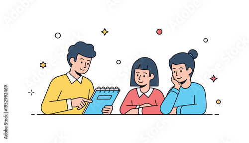 Peer tutoring moment featuring one student pointing at a notebook while two others listen attentively, expressing mentorship and cooperative progress. The