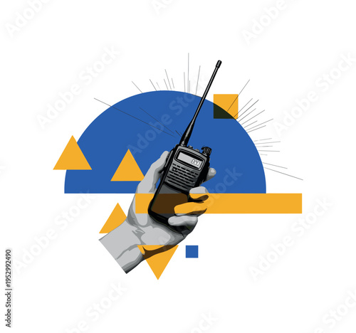 monochrome walkie-talkie held in hand as focal point, layered with cobalt blue semicircle and mustard yellow geometric accents, fine dynamic lines suggesting