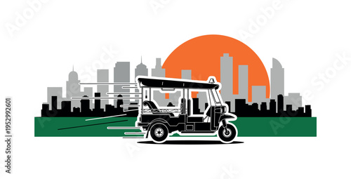 Black and white tuk-tuk moving through simplified city skyline silhouettes, oversized orange semicircle representing sunset behind buildings, deep green