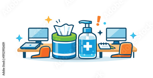 Hot desking hygiene anxiety visualized by disinfectant wipes and hand sanitizer placed between multiple workstations, expressing constant preparation vigilance