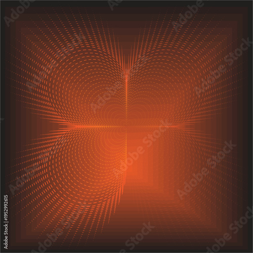 Glowing orange particle vortex forming symmetrical digital energy field.