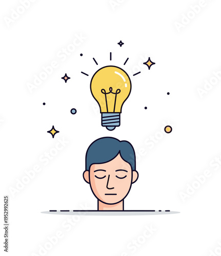 Moment of clarity stylized light bulb gently glowing above a calm figure with closed eyes, symbolizing insight, realization and breakthrough understanding.