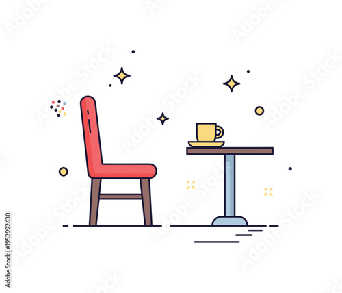 Empty chair symbolism showing a single vacant seat beside a small table, expressing absence and the quiet space left behind. Minimal sparkle accents are