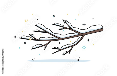 Snow covered branch minimal tree branch layered with sparkling snow caps and delicate star dots, conveying stillness and refined winter detail. Minimalist flat