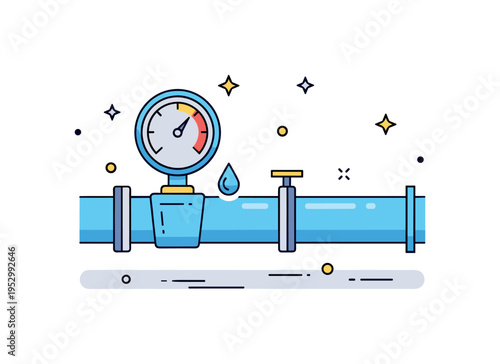 Industrial pipeline inspection setup with a gauge and small dripping water icon representing early leak identification and cost saving maintenance. Balanced