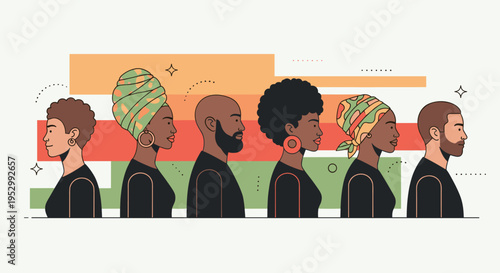 A diverse collection of silhouette profiles showcasing various hairstyles and head wraps in a modern, flat style