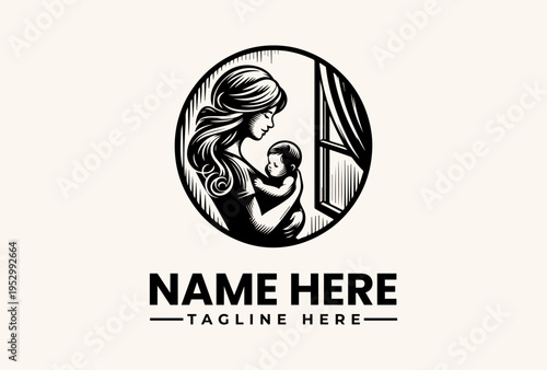 Black and white vector illustration of a woman holding a baby in a circular logo with a window and curtains, against a beige background with space for a name and tagline. Free Download Black and white vector illustration of a woman holding a baby in a circular logo with a window and curtains, against a beige background with space for a name and tagline. - GFXLoad