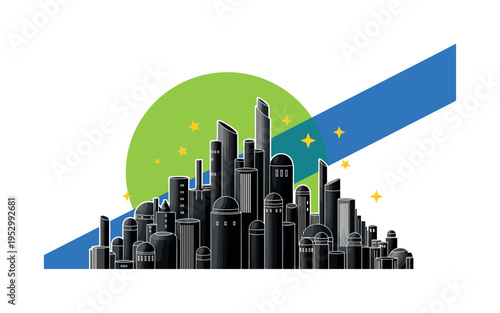 Black and white abstract Martian city made of geometric cylinders and domes, strong neon green dominant circle behind skyline, sharp blue diagonal stripe