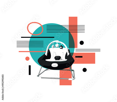 black and white bouncy chair with hanging toy bar detail, framed by teal geometric circle and coral rectangular forms, thin horizontal lines and abstract