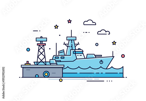 Naval base harbor scene featuring a docked warship outline near a minimal pier structure and radar mast, expressing maritime security and strategic presence.