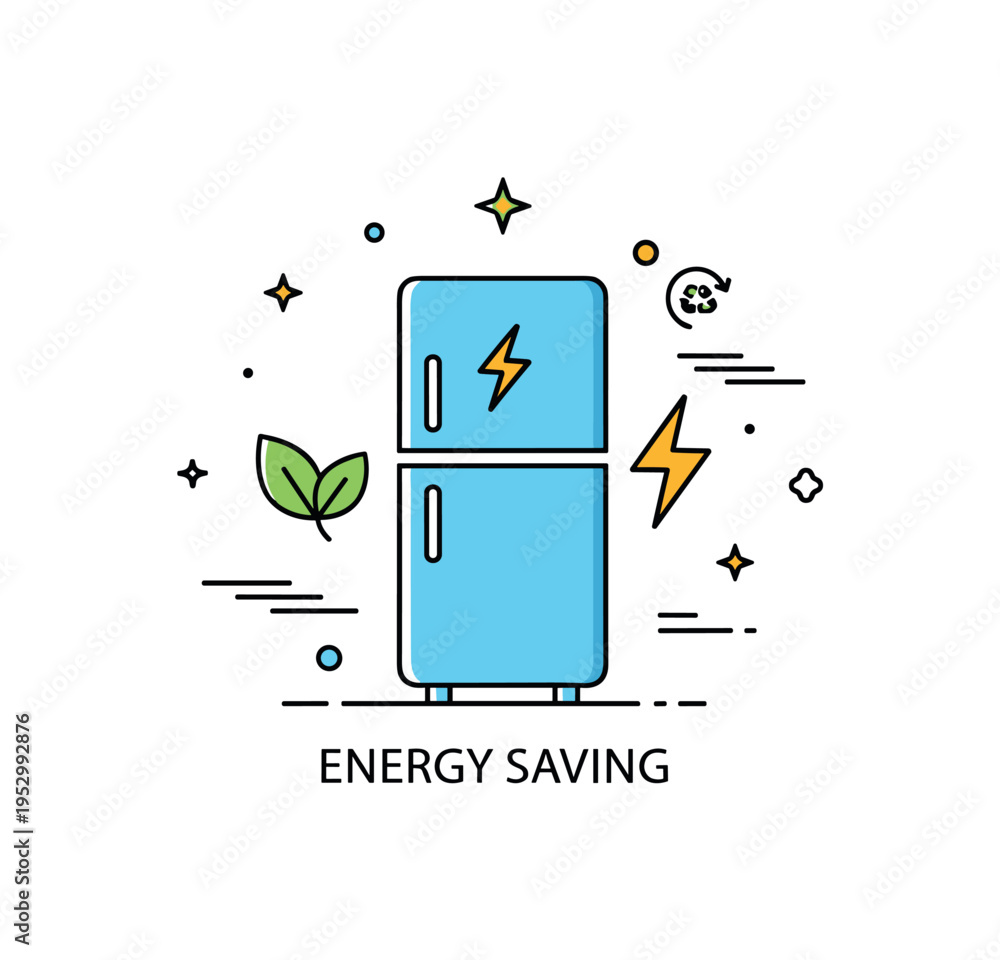 Fototapeta premium Energy saving appliance badge centered on a fridge icon combined with a small leaf and lightning symbol representing eco friendly cooling solutions. Clean