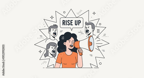 A bold illustration of a woman with a megaphone surrounded by expressive faces, featuring a modern, flat style. Ideal for activism themes