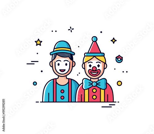 Playful mime and clown duo concept featuring two simple performer silhouettes side by side symbolizing variety and performing arts diversity. Clean geometric