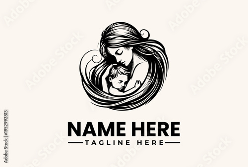A black and white illustration of a mother embracing her child, surrounded by flowing hair strands, with a clean and minimalist background, against a light beige color palette.