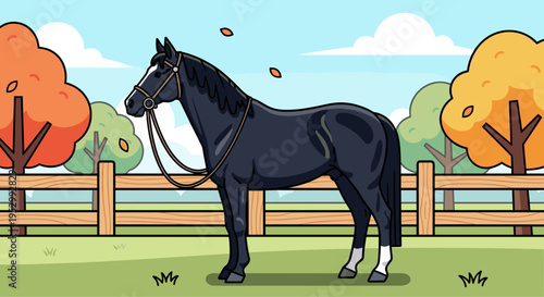 A black horse standing in a vibrant countryside scene with trees and a wooden fence, in a modern flat style