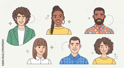 A diverse group of six people illustrated in a flat style, showcasing various hairstyles and expressions, ideal for social themes