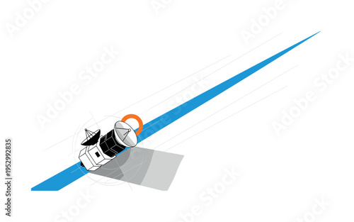 Black and white satellite casting long geometric shadow across composition, bright blue diagonal bar reinforcing direction of orbit, orange circular accent