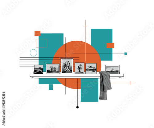 monochrome wall shelf displaying finished paintings and knitted scarf, cut-out effect with white contour, combined with burnt orange circle and teal abstract