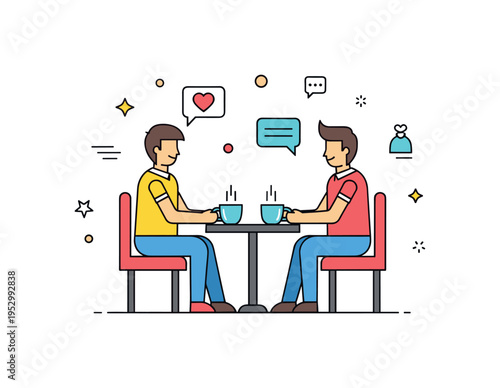 Coffee shop meetup concept with two friends sitting across from each other with simple cups on a small table, expressing meaningful conversation and emotional
