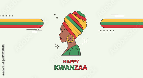 A vibrant illustration of a woman celebrating Kwanzaa, featuring a colorful head wrap and festive elements in a modern style