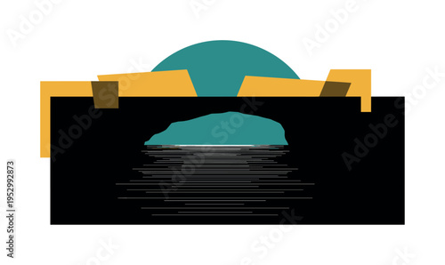 black and white underground cave lake with reflective surface, large teal semicircle behind and mustard yellow angular blocks overlapping edges, fine