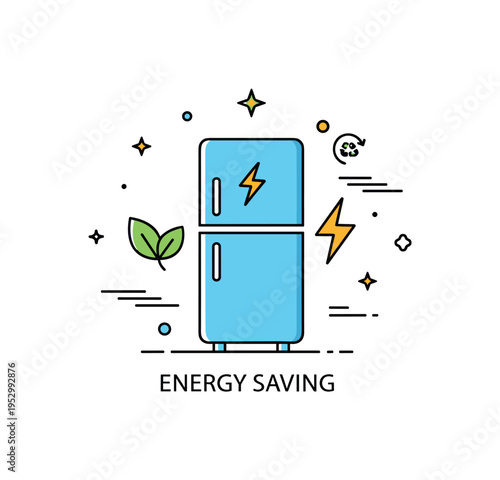 Energy saving appliance badge centered on a fridge icon combined with a small leaf and lightning symbol representing eco friendly cooling solutions. Clean
