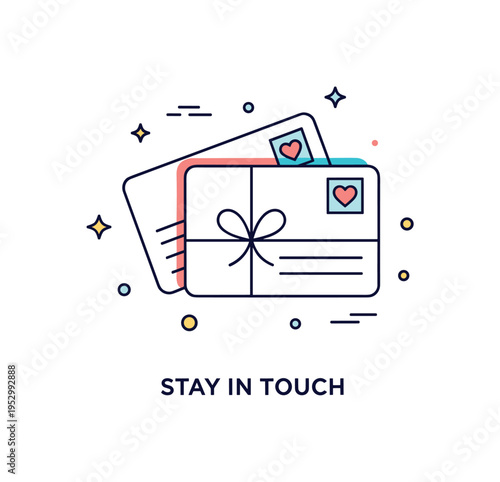 Friendship postcard concept featuring two overlapping cards tied with a small ribbon symbolizing bonds that stay strong over distance. A short phrase Stay in