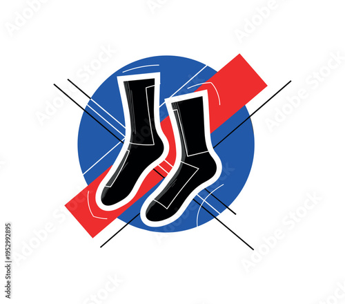 Black and white realistic pair of tailored pants displayed front-facing, oversized bold cobalt blue circle behind the waistline as focal halo, vibrant red