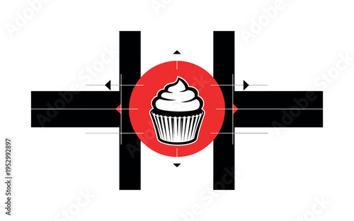 black and white cupcake silhouette with bold frosting outline, framed by bright red circular backdrop and deep black geometric bars, thin intersecting lines