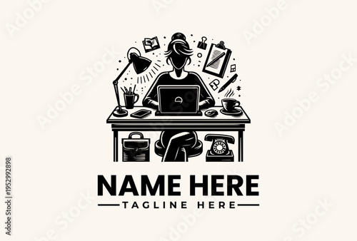 A graphic designer working on a laptop at a desk with various office supplies and icons, creating a logo and tagline in a vector illustration style.