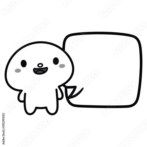 Friendly round character smiling next to rectangular speech frame for creative digital communication and web interface messaging