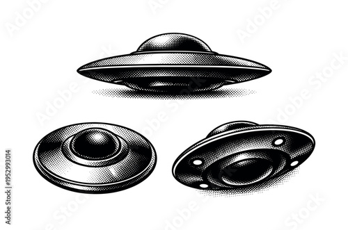 Flying saucer ? A retro flying saucer depicted as one object in three distinct angles, focusing on smooth contours, rim thickness, and dome volume. Black and