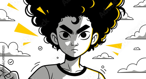 A confident young boy with curly hair and an expressive face, illustrated in a bold, black and white style with bright accents