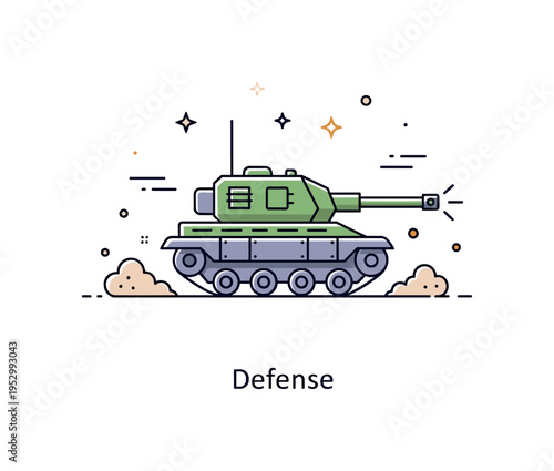 Military vehicle concept centered around a compact tank icon with reinforced plating symbolizing protection and battlefield resilience. Subtle dust cloud