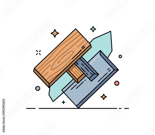 Creative material fusion abstract form where wood plank, metal sheet and glass shard interlock into one cohesive emblem, symbolizing innovation and cross