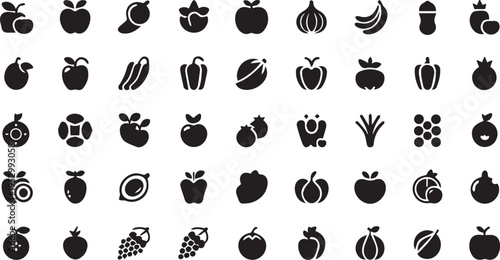 Minimalist black silhouette fruit and vegetable icon grid apples bananas peppers onions grapes assorted produce vector design