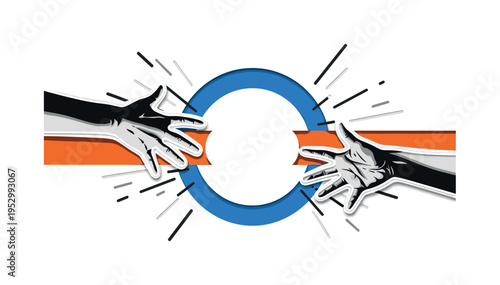 Black and white pair of outstretched hands reaching toward wide empty space, bright blue halo framing the gap between them, orange horizontal bar emphasizing