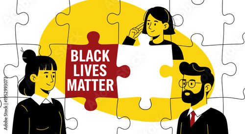 An illustration featuring diverse characters assembling a puzzle with the phrase 'Black Lives Matter' in a modern, flat style